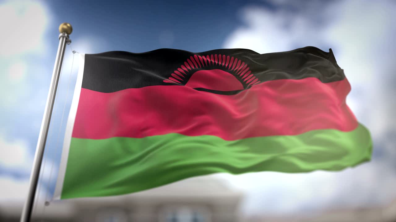 la bandera de malawi ondeando en cámara lenta 3d con fondo de cielo azul - bucle sin costuras 4k