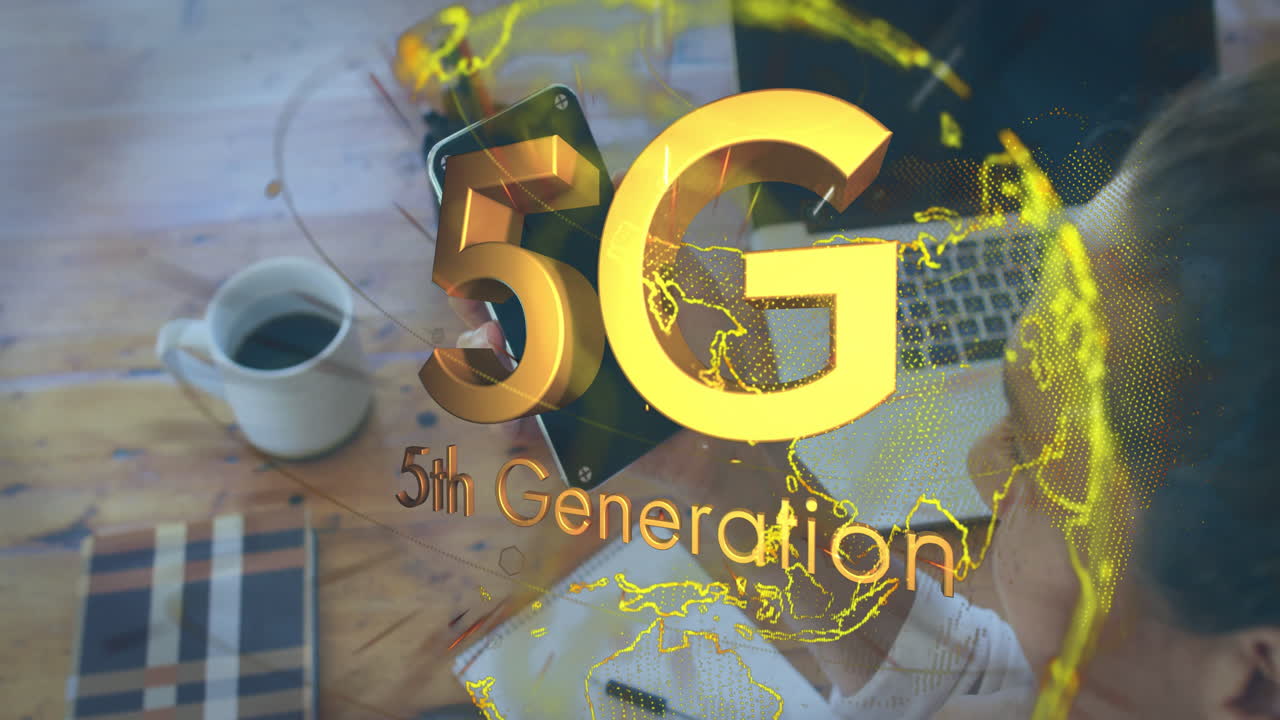 5G technology text animation over person working at desk with coffee