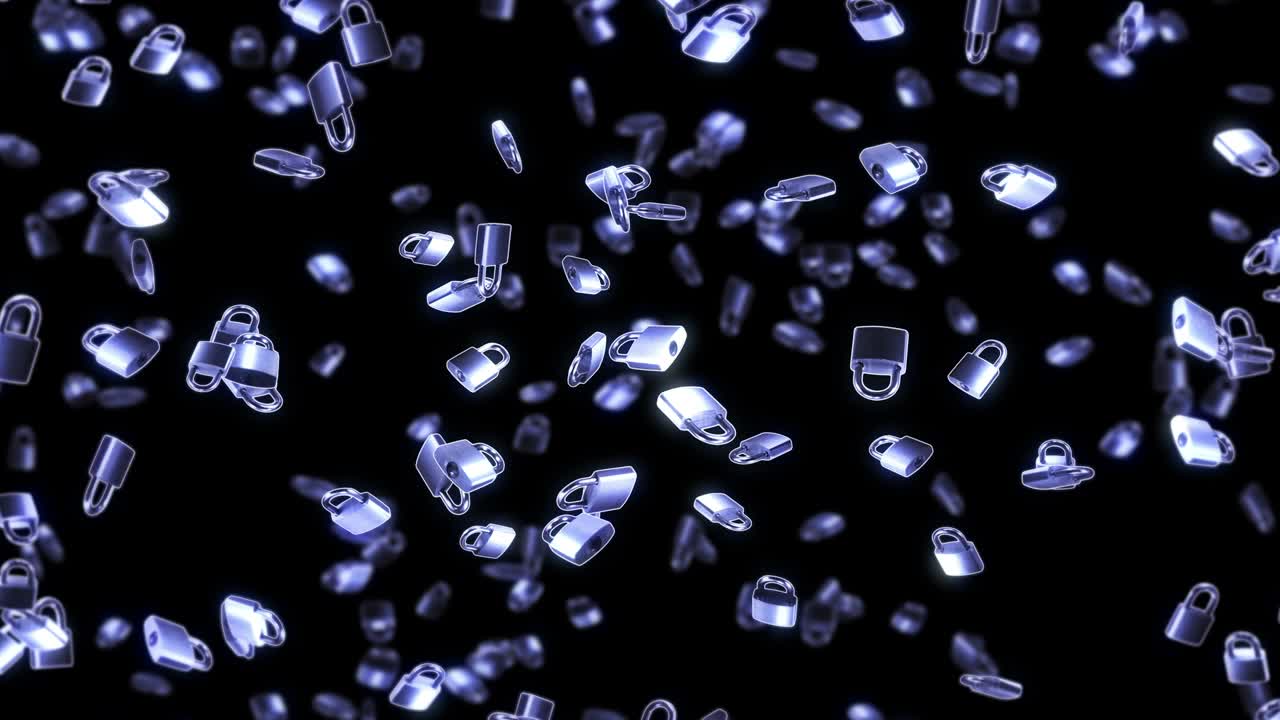 검은색 배경에 많은 은색 패들록을 날리는 보안 또는 비밀 보호 개념, 회전하는 패들록의 3d 애니메이션, 루프 애니메이션.