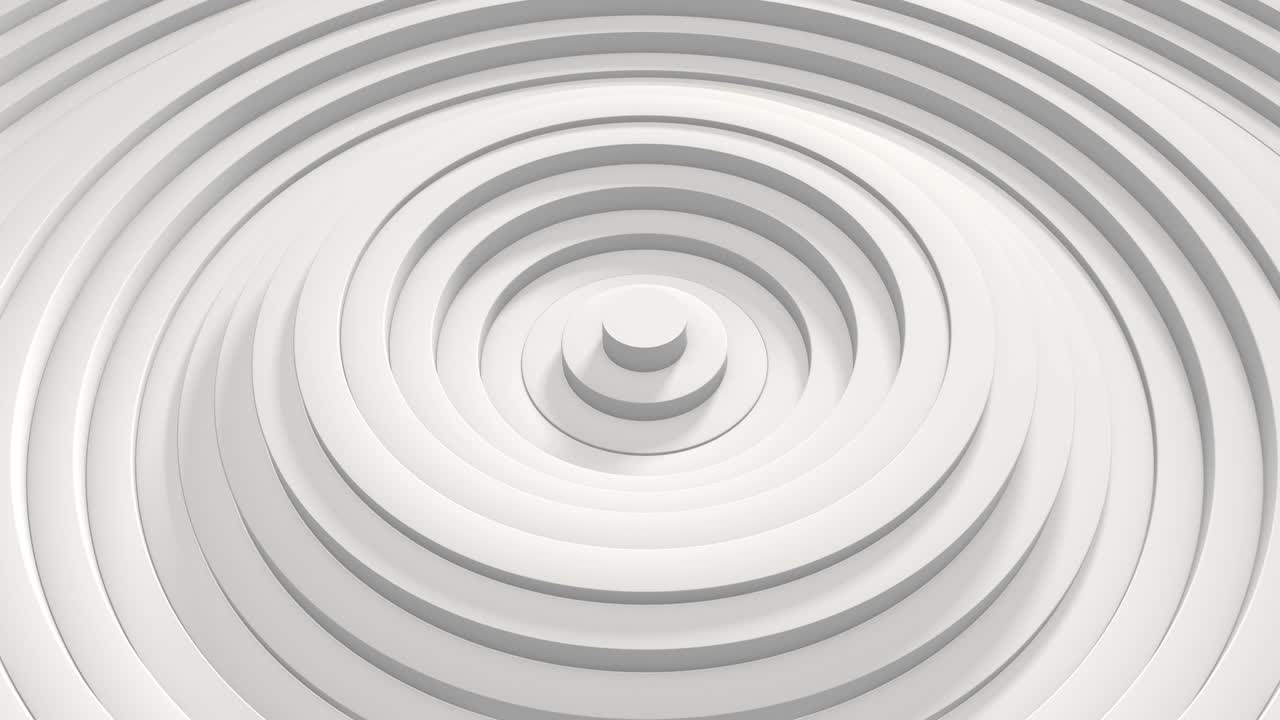 Motivo astratto di cerchi con effetto di dislocamento. Animazione di anelli bianchi puliti. Sfondo astratto per una presentazione aziendale. Loop continuo 3D di macchie d'acqua. Texture bianca