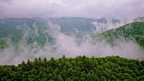 Cinematic drone flyover through morning mist in the Smoky Mountains