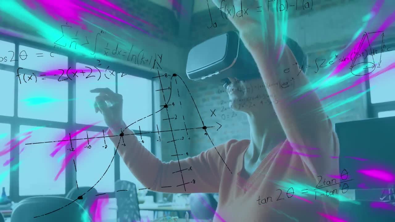 Animation of mathematical formulas over businesswoman using vr headset