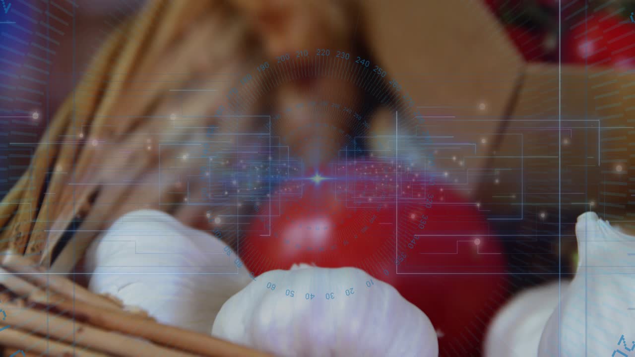 Camera panning right, revealing garlic and vine tomatoes in cardboard box, HUD showcasing produce