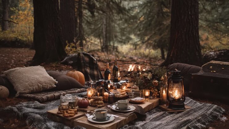 An Enchanting Autumn Picnic Amidst a Serene Forest, Complete with Cozy Blankets, Delicious Treats, and Glowing Lanterns to Create a Magical Outdoor Experience