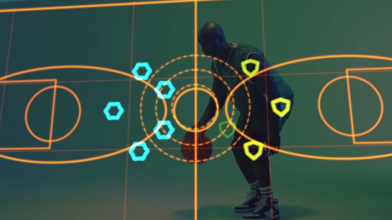 Man dribbling on set HUD aligning rings pulsing around ball lunging kneeling for sports analytics