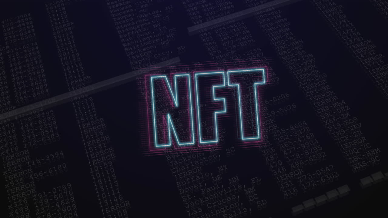 animación de azul neón brillante y morado con texto nft sobre datos en fondo negro