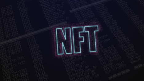 animation of glowing neon blue and purple outlined nft text over data on black background