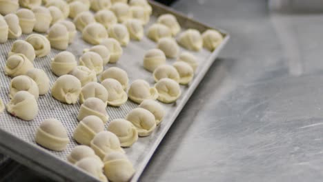 raw pelmeni on a baking tray