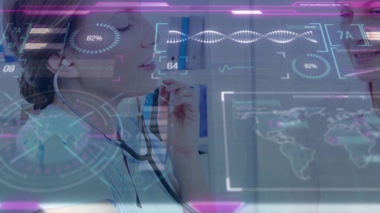 Doctor usando estetoscopio, respondiendo a una indicación, evaluando a un colega mientras un HUD médico superpone una hélice de ADN.