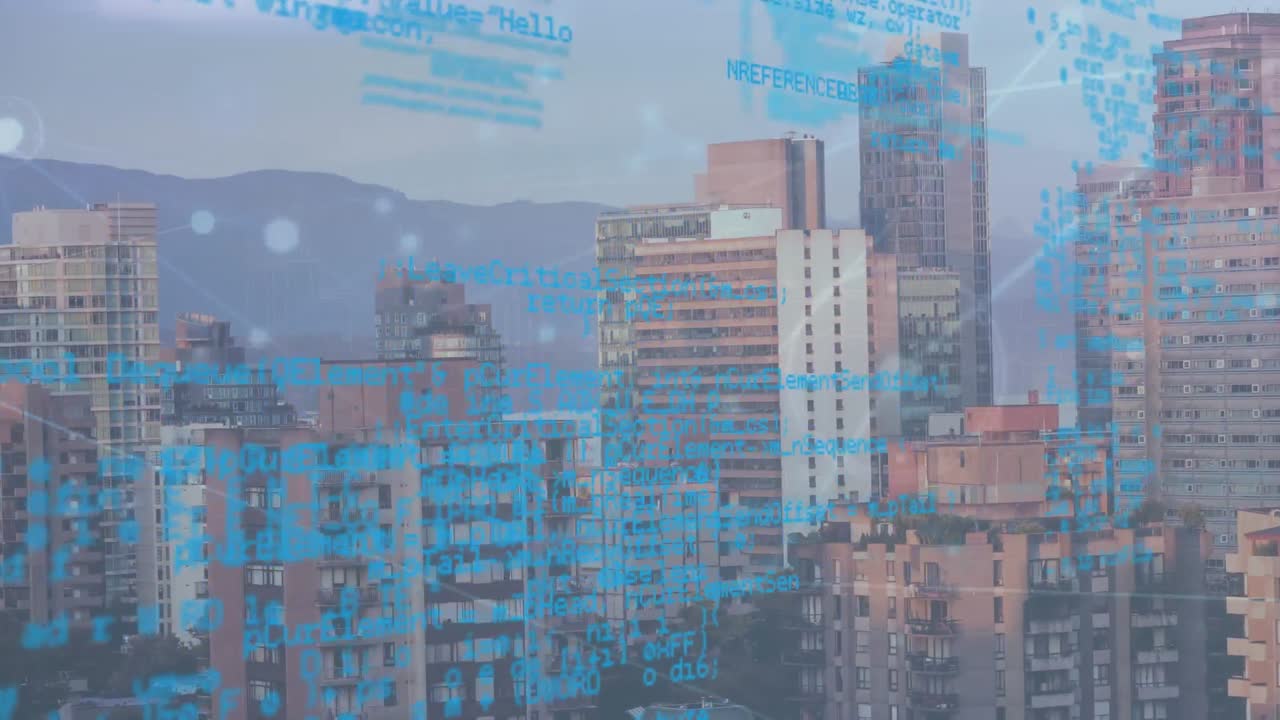 도시 풍경에 대한 연결 네트워크와 데이터 처리의 애니메이션