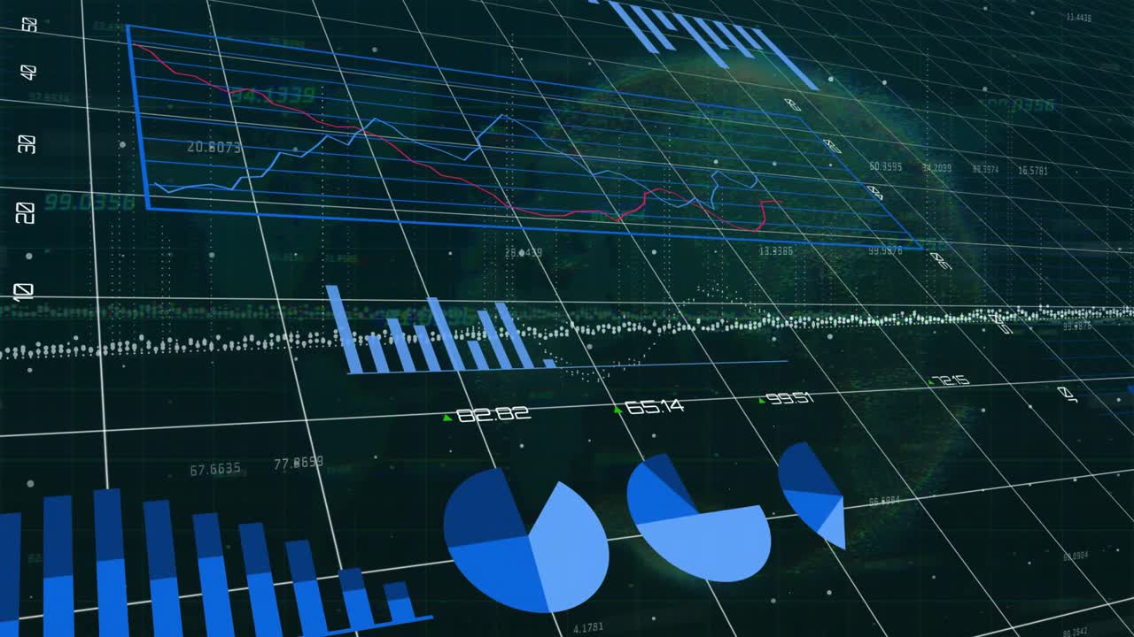Rotating grid plane initiating sliding bars fading pies and drawing lines in 3D data visualization