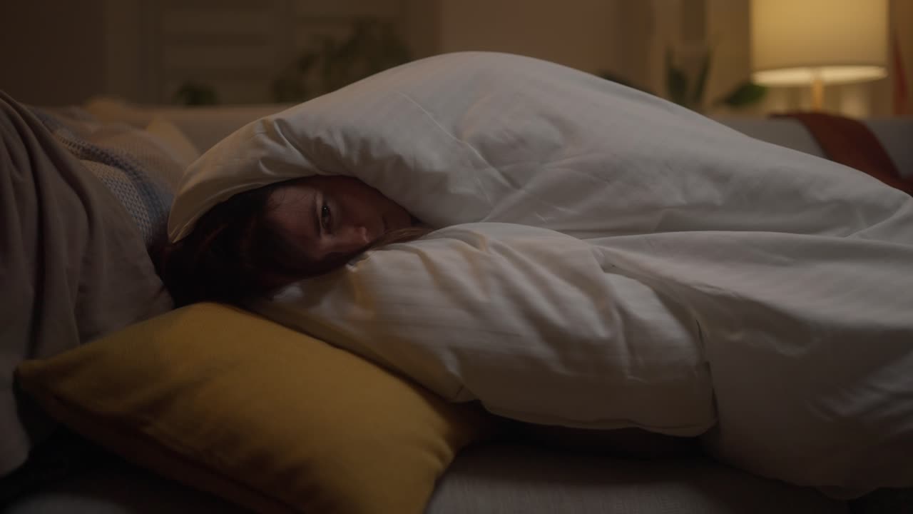 소파에 담요로 싸인 여자