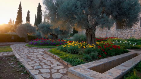 sunset in a beautiful garden with colorful flowers and olive trees