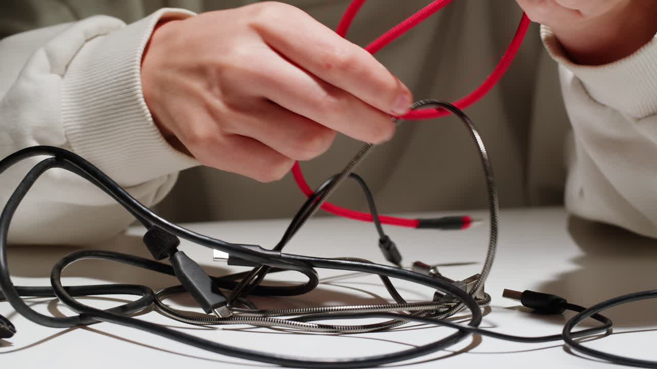 Young woman trying to untangle many various of wires close-up. Tangled wires and cables on table. Trying to untangle many messy and chaos cables