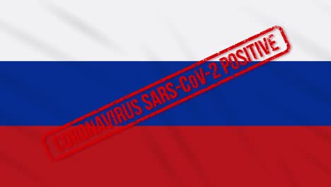 la bandera de rusia se balancea estampada con una respuesta positiva a la covid-19, bucle