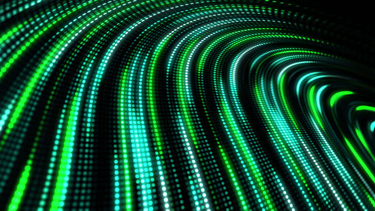 Green pattern of glowing bent neon lines. Fast movement and flickering of LED. Music looping seamless club animation.