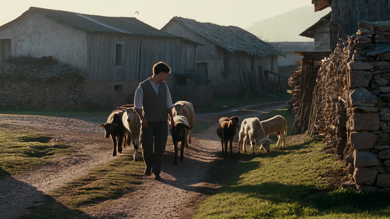 A young shepherd herding his sheep through a rustic village