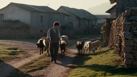 a young shepherd herding his sheep through a rustic village