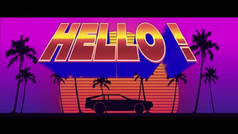 animation of hello text over car riding on digital sunset