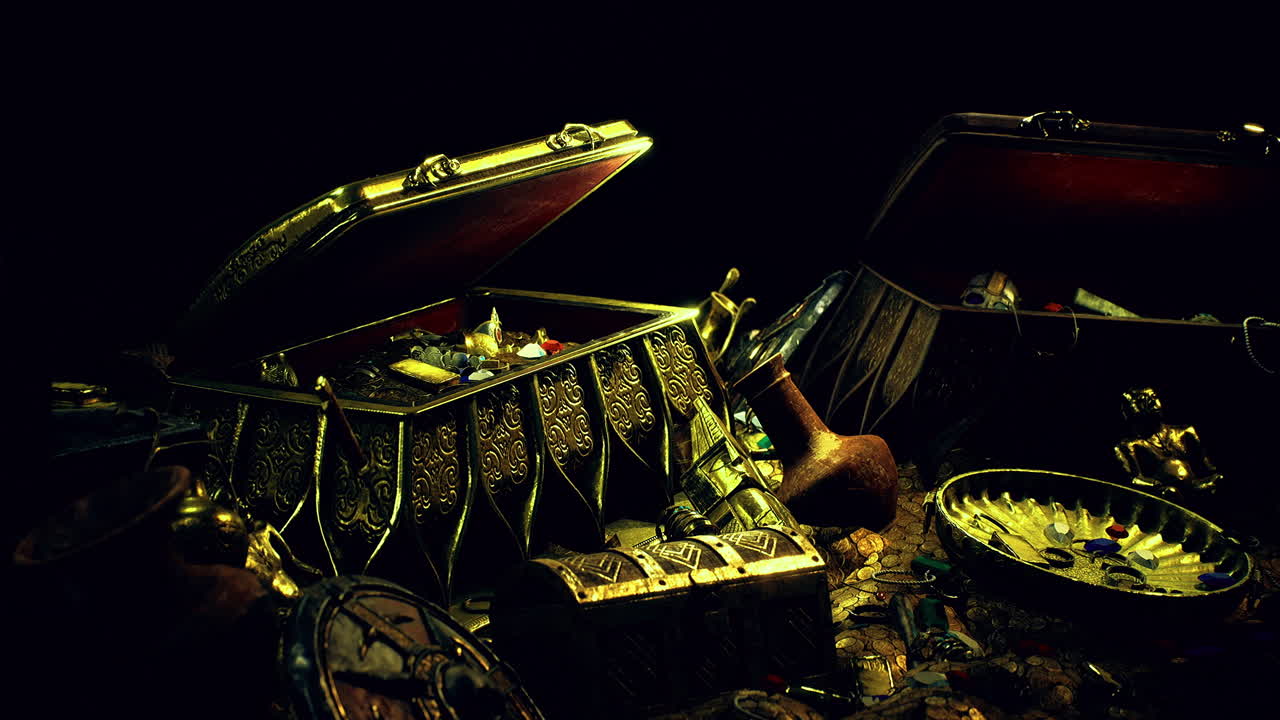 Hidden treasures scattered across the darkened table in dim light