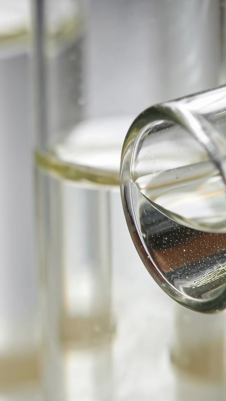 Video verticale: Bordo di un becher che si inclina avvicinandosi al bordo di una provetta su un banco da laboratorio per ispezione, con spazio per il testo.