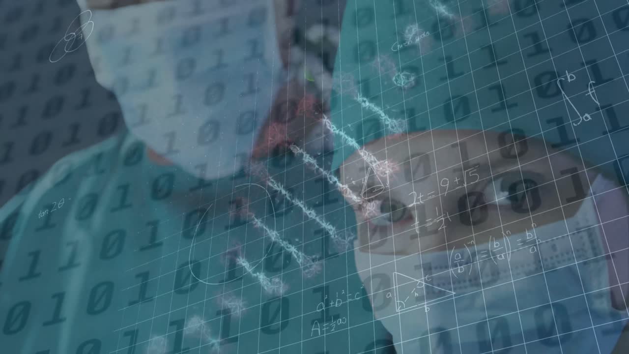 얼굴 마스크를 착용한 백인 간호사 위에 바이너리 코딩과 dna  ⁇ 의 애니메이션