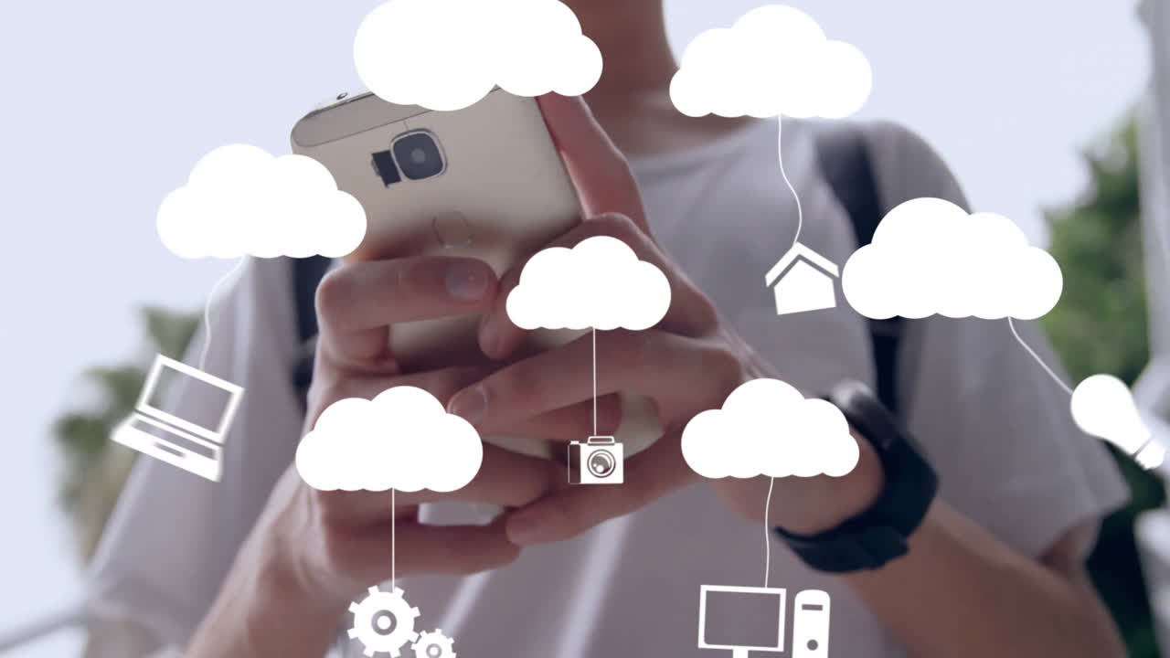 스마트폰을 사용하는 백인 남성에 대한 미디어 아이콘의 애니메이션