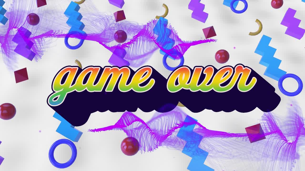 Animazione del testo 'game over' su forme e sfondo bianco.