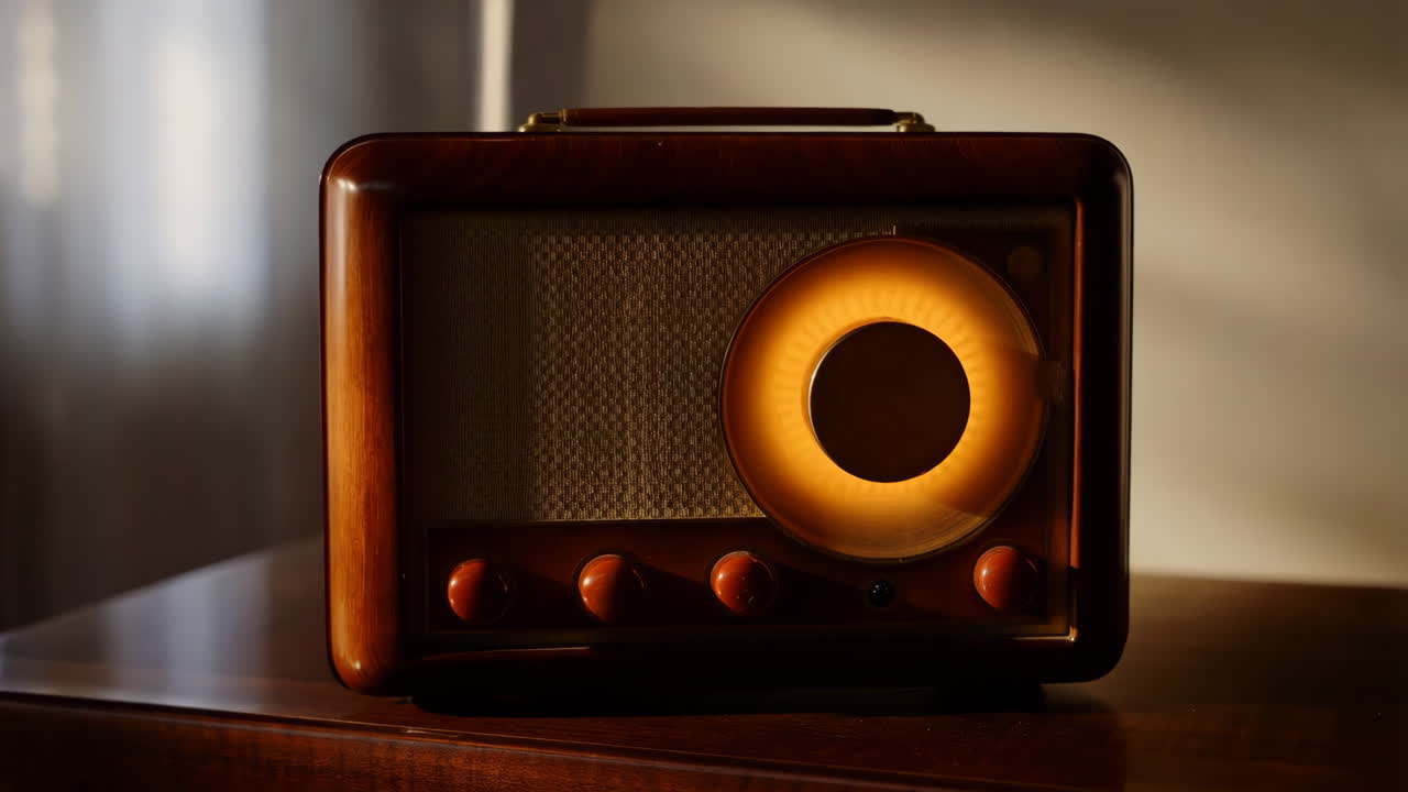 A close-up of a vintage wooden radio with a glowing dial