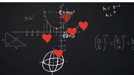 Animation-of-hearts-floating-over-math-formulas-on-black-background