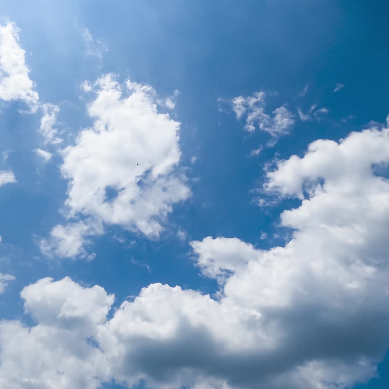 Beautiful light clouds flying in the sky. Sun rays going through the clouds in the bright blue skies. Low angle timelapse