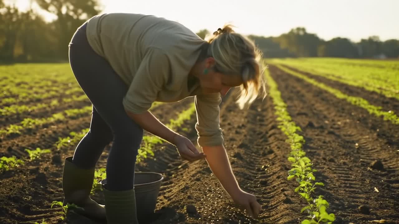 Gardener Planting Seeds in Field During Golden Hour Near Crops