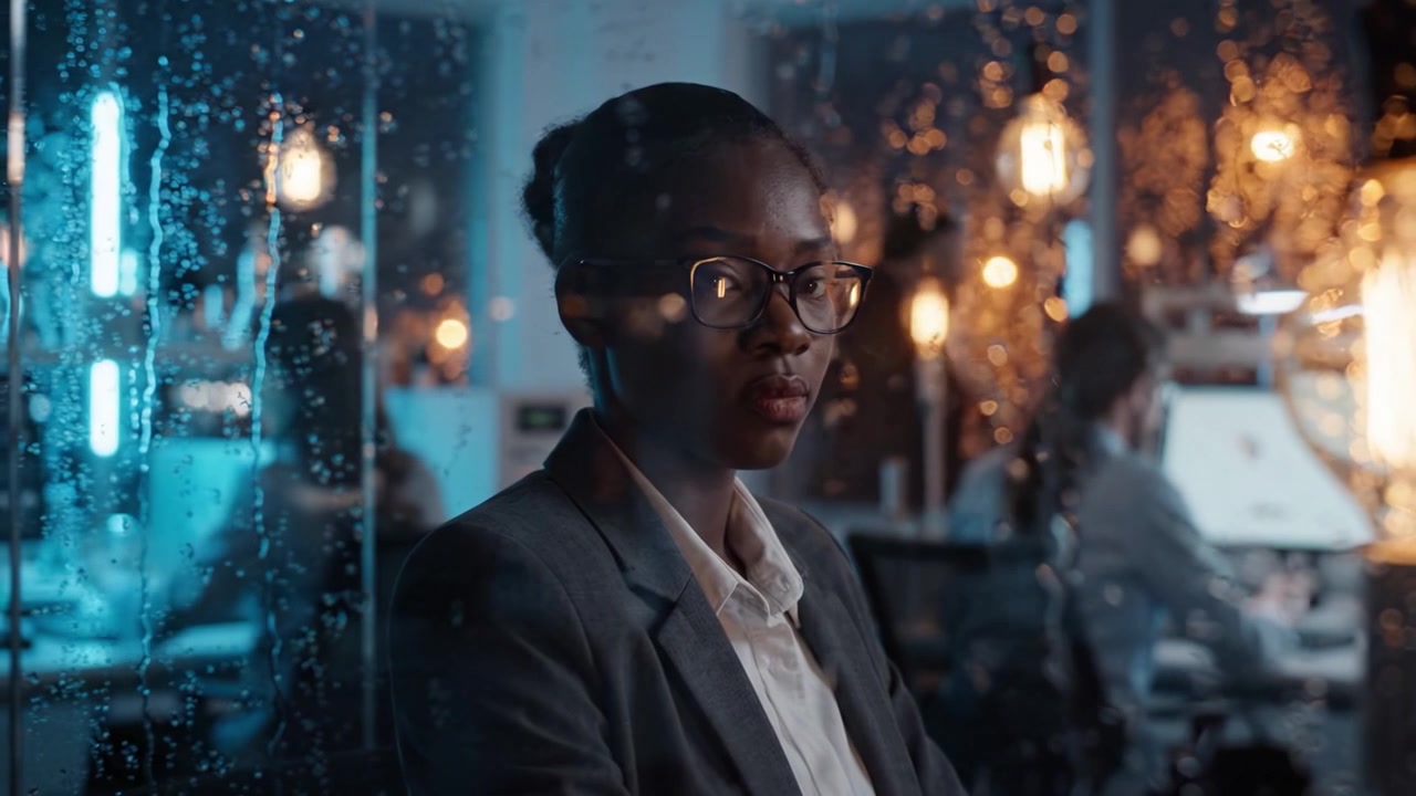 A contemplative young professional woman gazes out through a rain-soaked glass window, reflecting her thoughts and emotions in a dimly lit office setting.