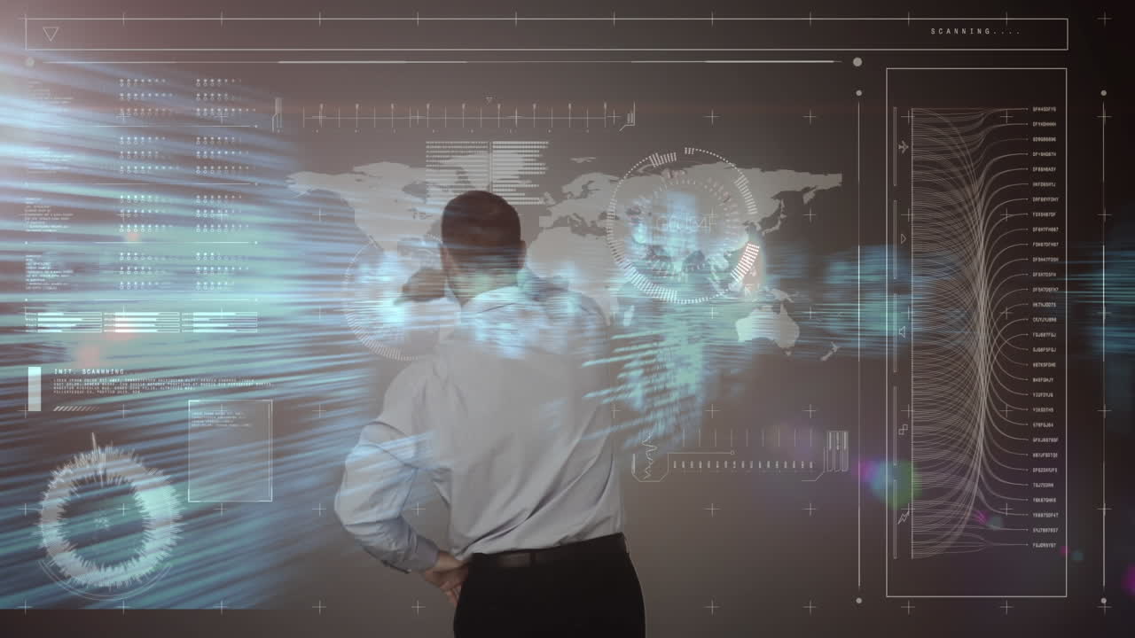animación de un hombre de negocios con pantalla táctil con mapa del mundo y procesamiento de datos