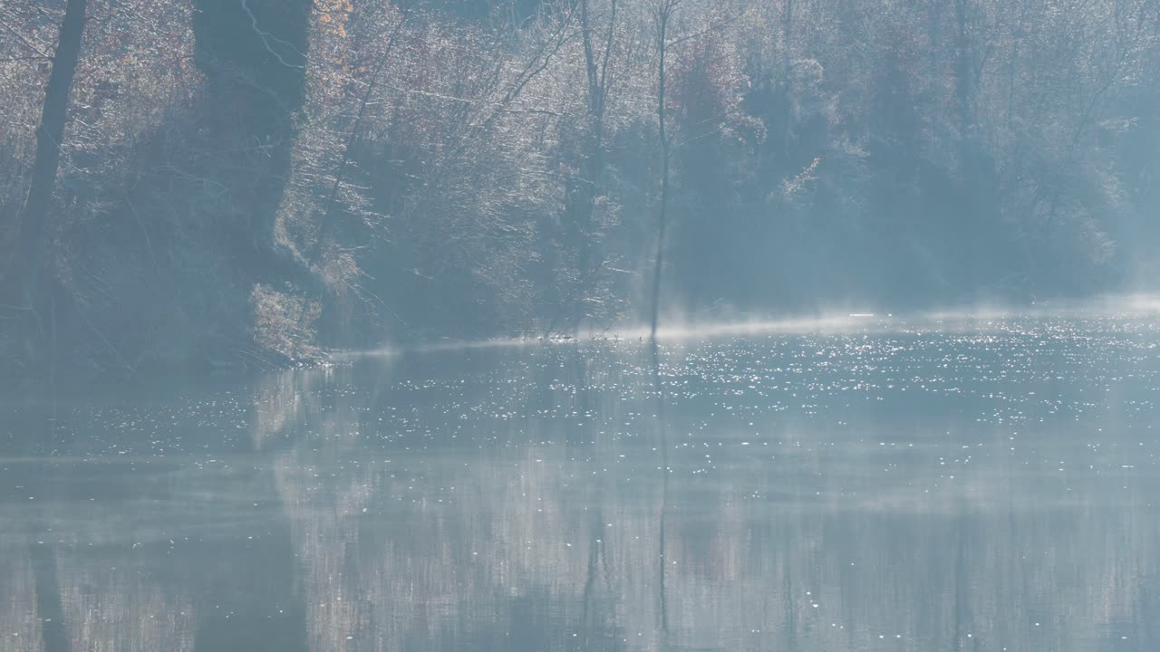 Mist floats above the water while leafless trees frame the serene river in early light. Parallax video.