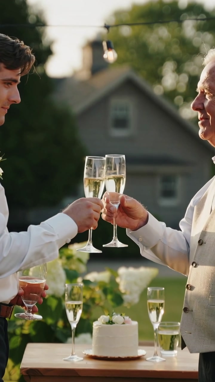 Son smiling, toasting, lifting flute; father clinking glass, digital confetti from flutes on cake
