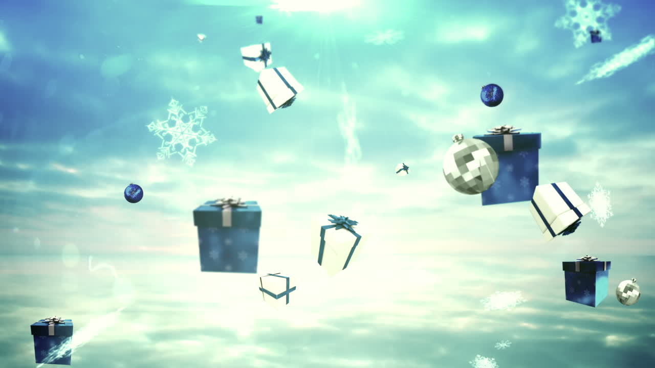 파란색과 은색으로 떨어지는 끊임없는 크리스마스 장식품