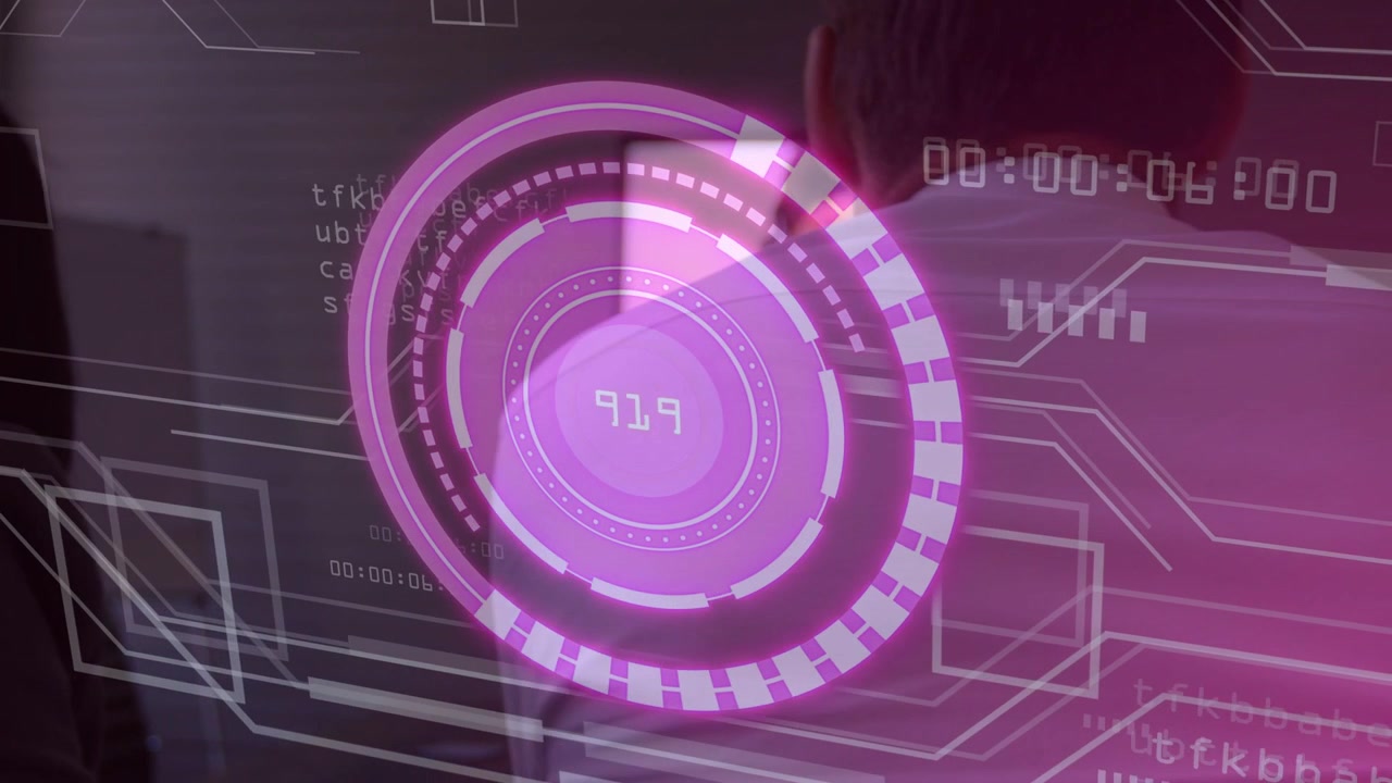 Pink circular HUD appearing, rotating, male observer shifting toward wall screen, running tech scan