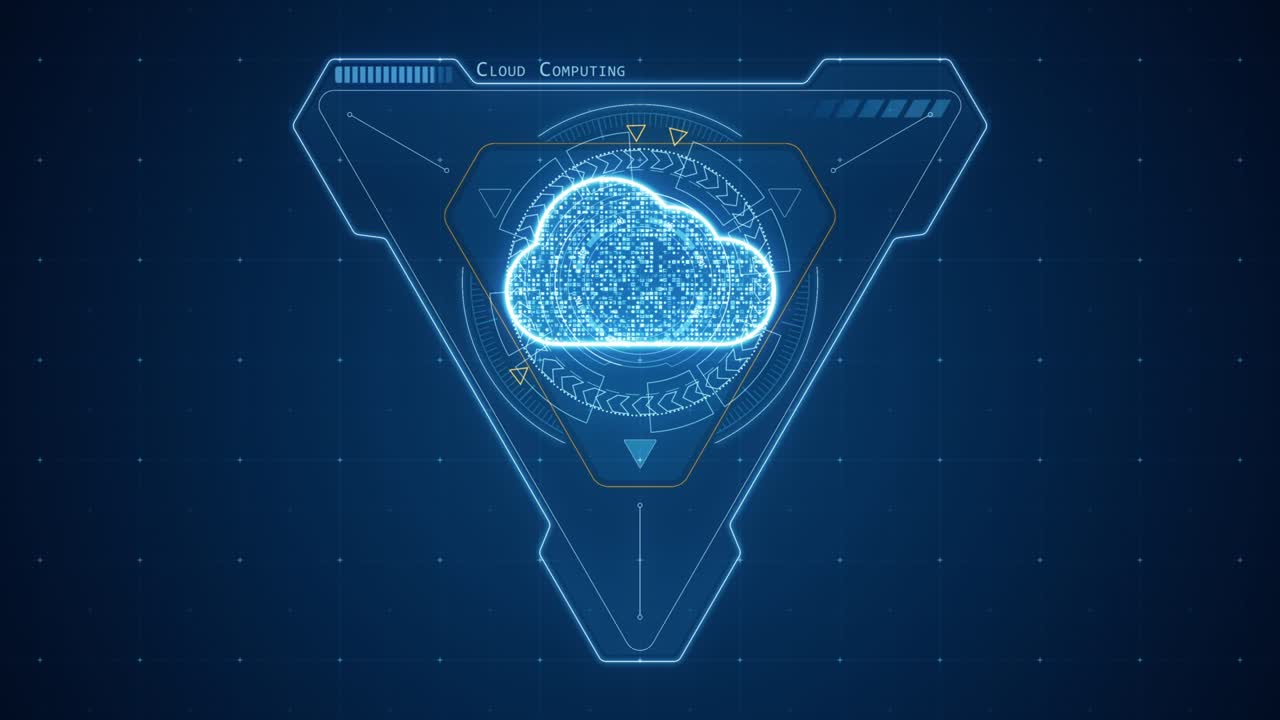 gráfico de movimiento de computación de nube azul y forma de triángulo con interfaz de tecnología de rotación de círculo hud y elementos futuristas fondo abstracto