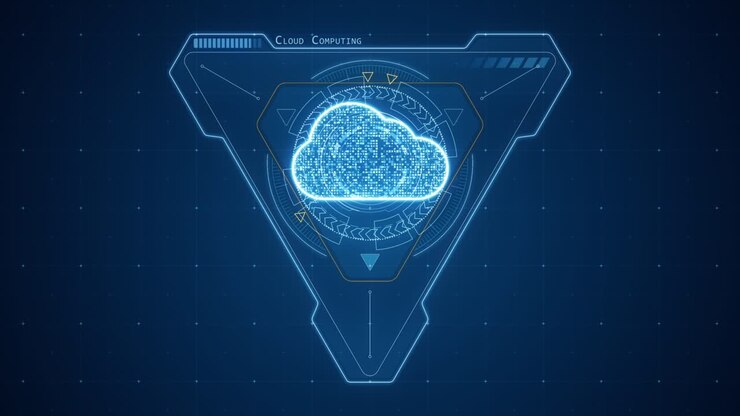 Motion graphic of Blue cloud computing and triangle shape with HUD circle rotation technology interface and futuristic elements abstract background