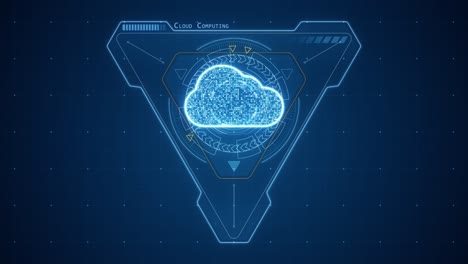 motion graphic of blue cloud computing and triangle shape with hud circle rotation technology interface and futuristic elements abstract background