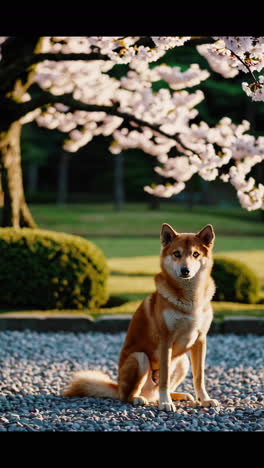 dog in a japanese garden with cherry blossoms