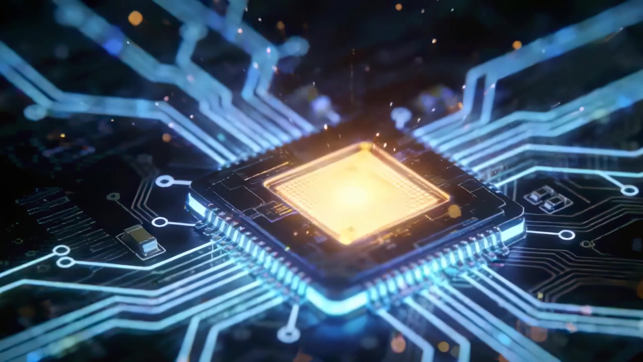 Pulserende firkantet mikrochip efter kernen lyser op, indikerer strømflow og oplyser blå PCB-spor.