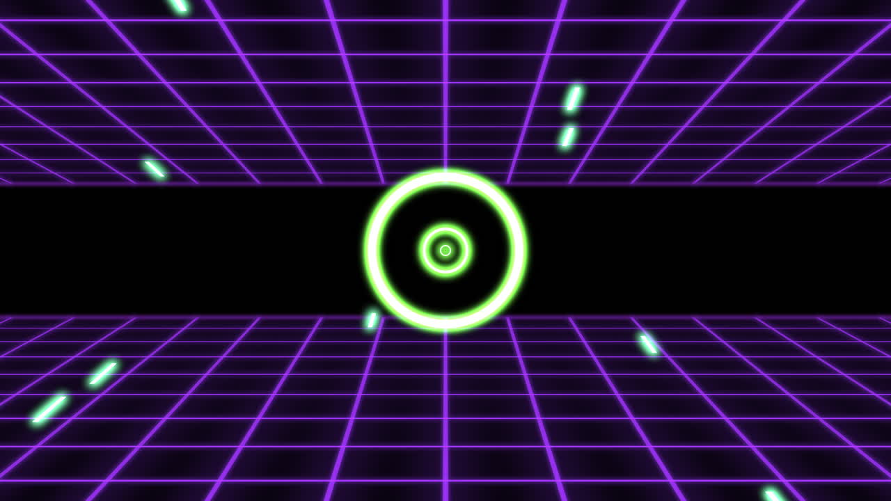 rejilla violeta neón con círculos y brillos en una galaxia oscura al estilo de los años 80