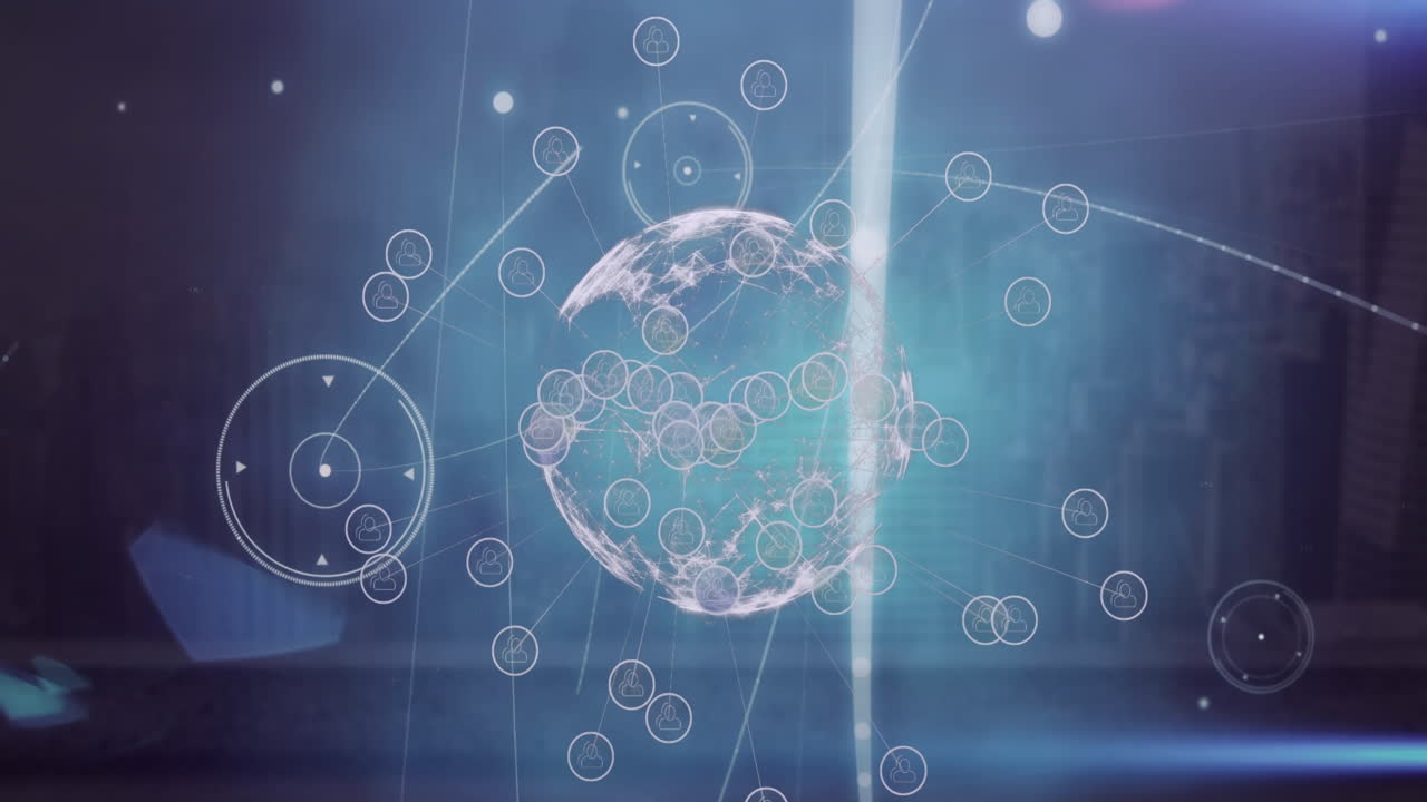 파란색 배경에 회전하는 지구와 빛의 점 위에 디지털 아이콘의 애니메이션