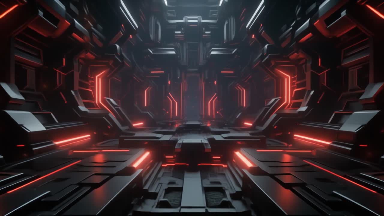 Flyvende gennem en futuristisk sci-fi-tunnel med røde neonlys