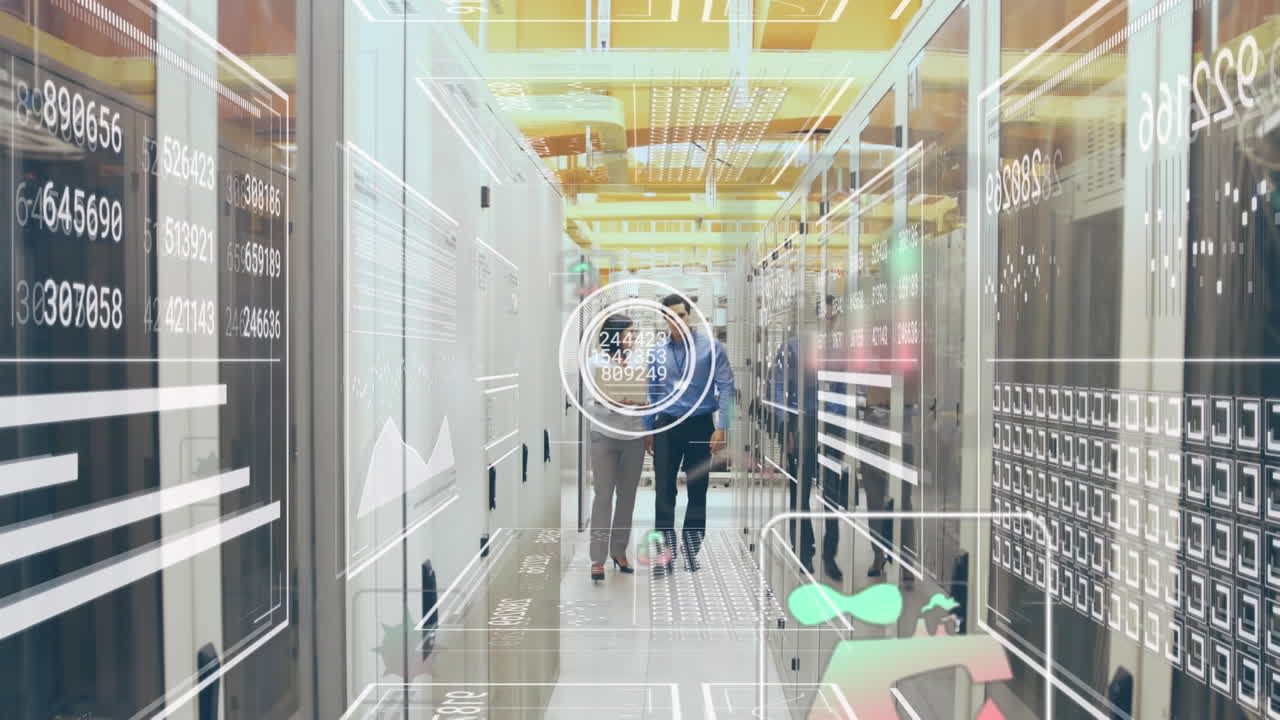 그래프, 아이콘, 원 및 바의 애니메이션, 서버 에서 대화하고 는 두 인종 동료