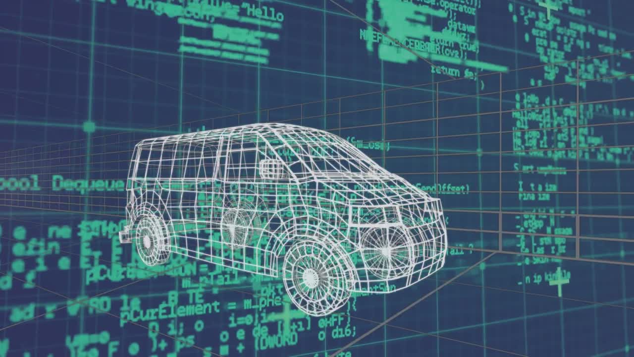 파란색 배경에 디지털 자동차를 통해 데이터 처리의 애니메이션