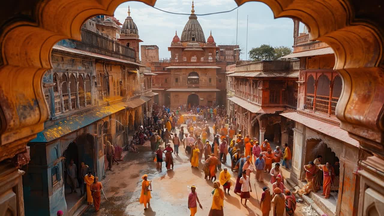 Vibrant Holi Festival Celebration in an Indian Town with Temple Background