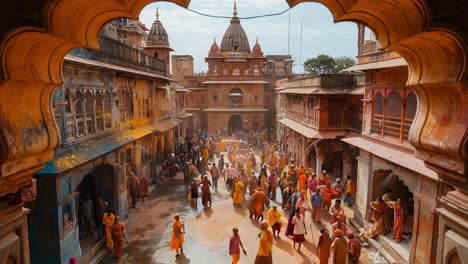 vibrant holi festival celebration in an indian town with temple background